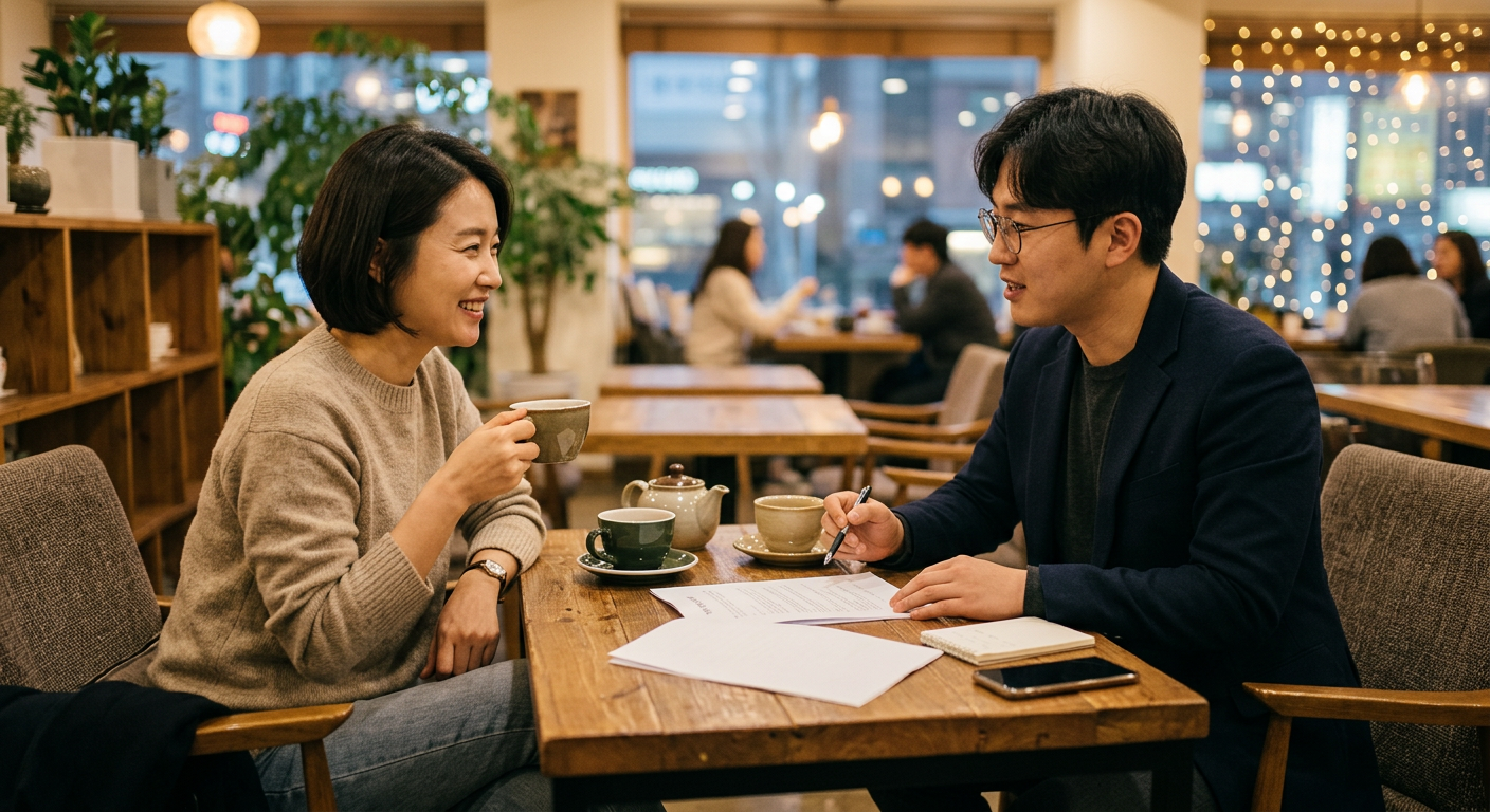 두 사람이 테이블에 앉아 따뜻한 조명 아래서 차를 마시며 편안하게 차량 컨설팅 계약을 의논하는 모습 장기렌트 비교사이트