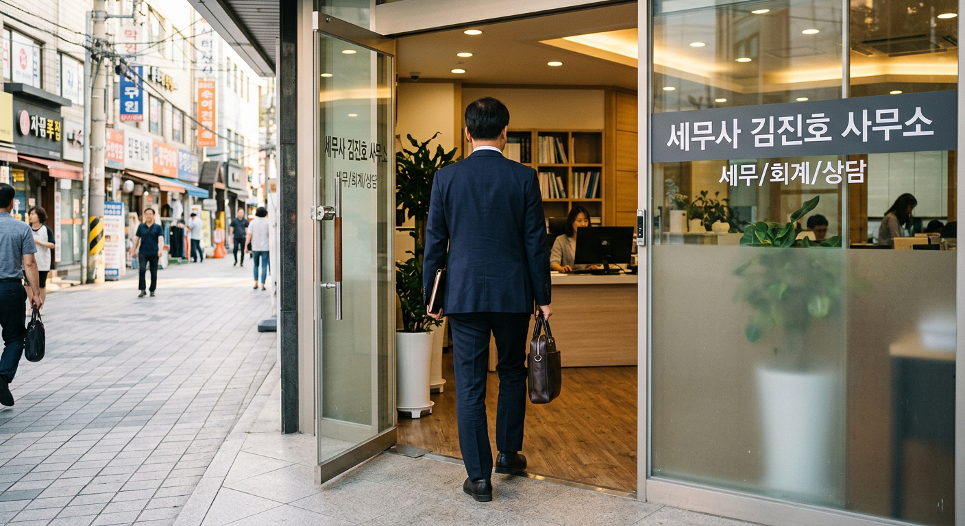 서류 가방을 들고 세무사 사무실로 들어서는 사업가의 뒷모습 사업자 장기렌트 비용처리
