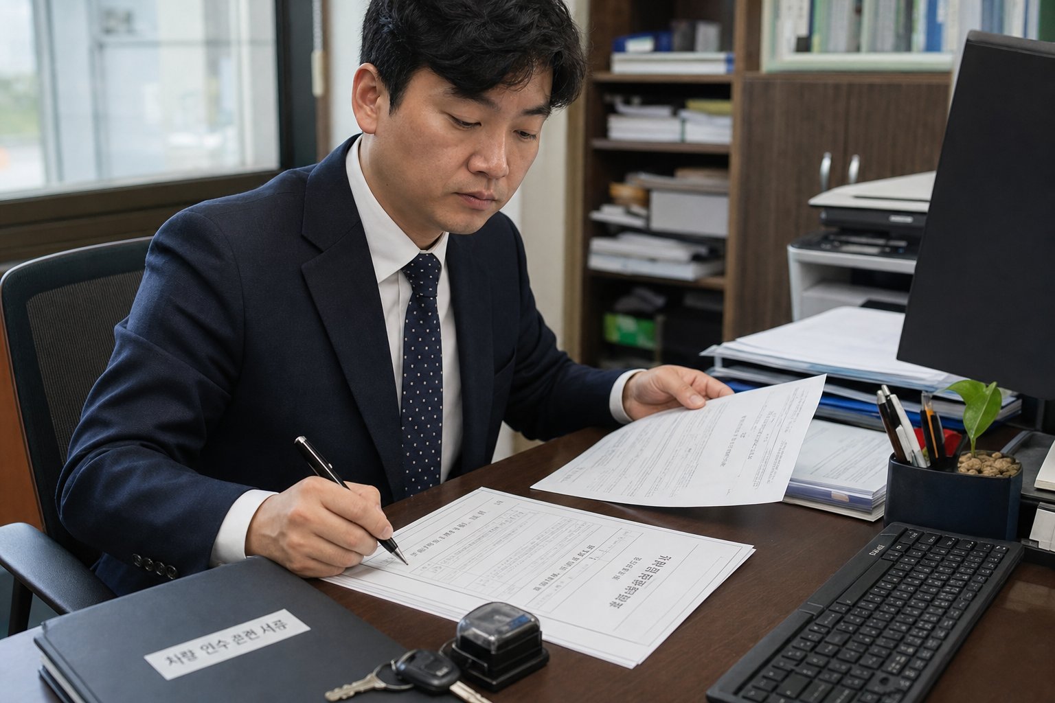 법인 사업자가 만기 차량을 인수하여 회사 자산으로 등록하는 비즈니스 문서 작업 장면 운용리스 금융리스 차이