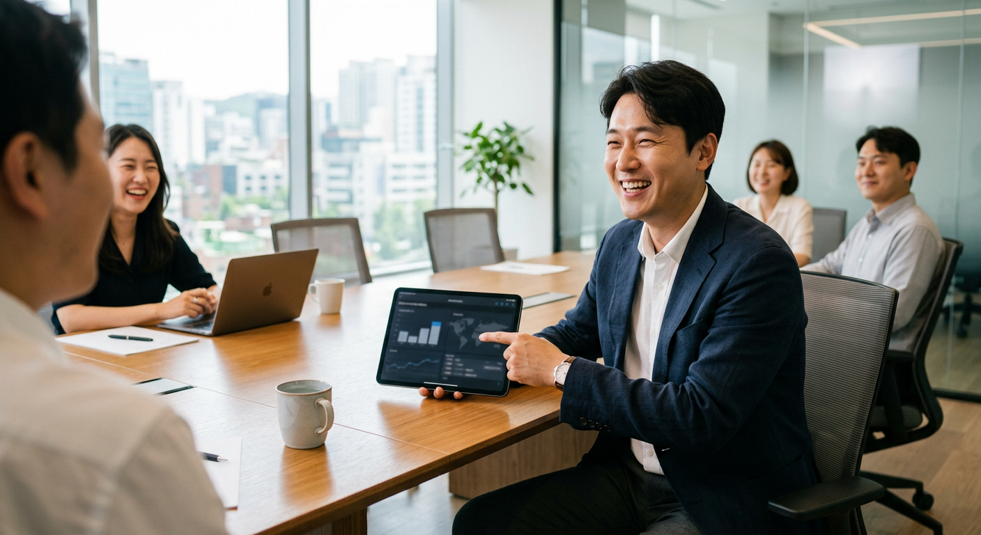 깔끔한 오피스 미팅룸에서 한 남성이 패드 화면을 가리키며 밝게 웃는 모습