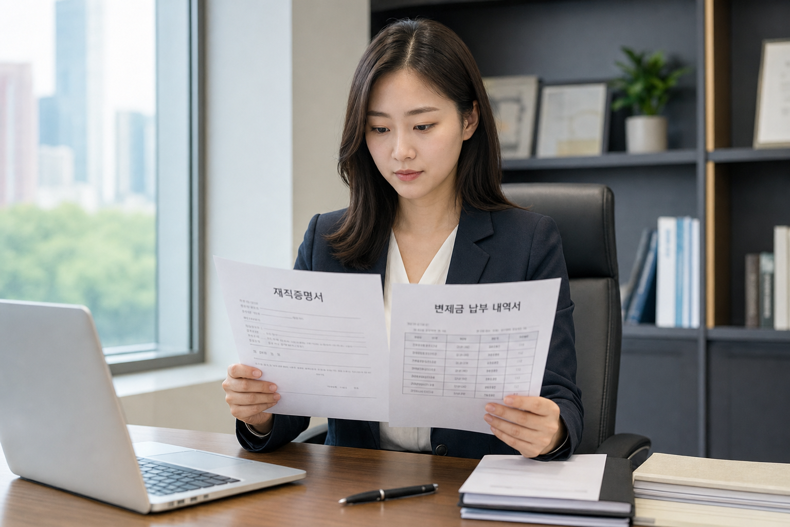 승인 서류인 재직증명서와 변제금 납부 내역서를 차분하게 검토하는 신뢰감 있는 분위기의 사무실 개인회생 장기렌트