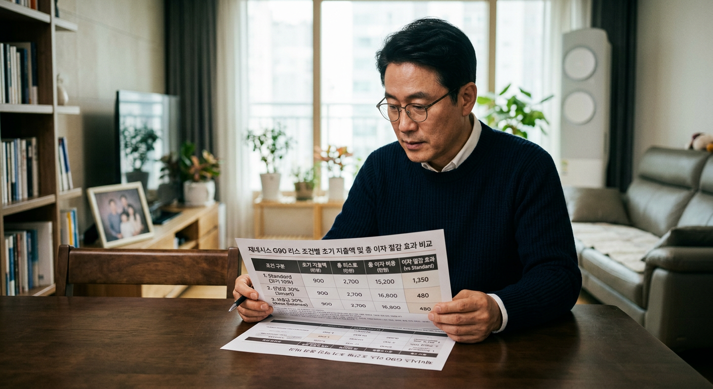제네시스 G90 리스 조건별 초기 지출액 및 총 이자 절감 효과 비교 차트