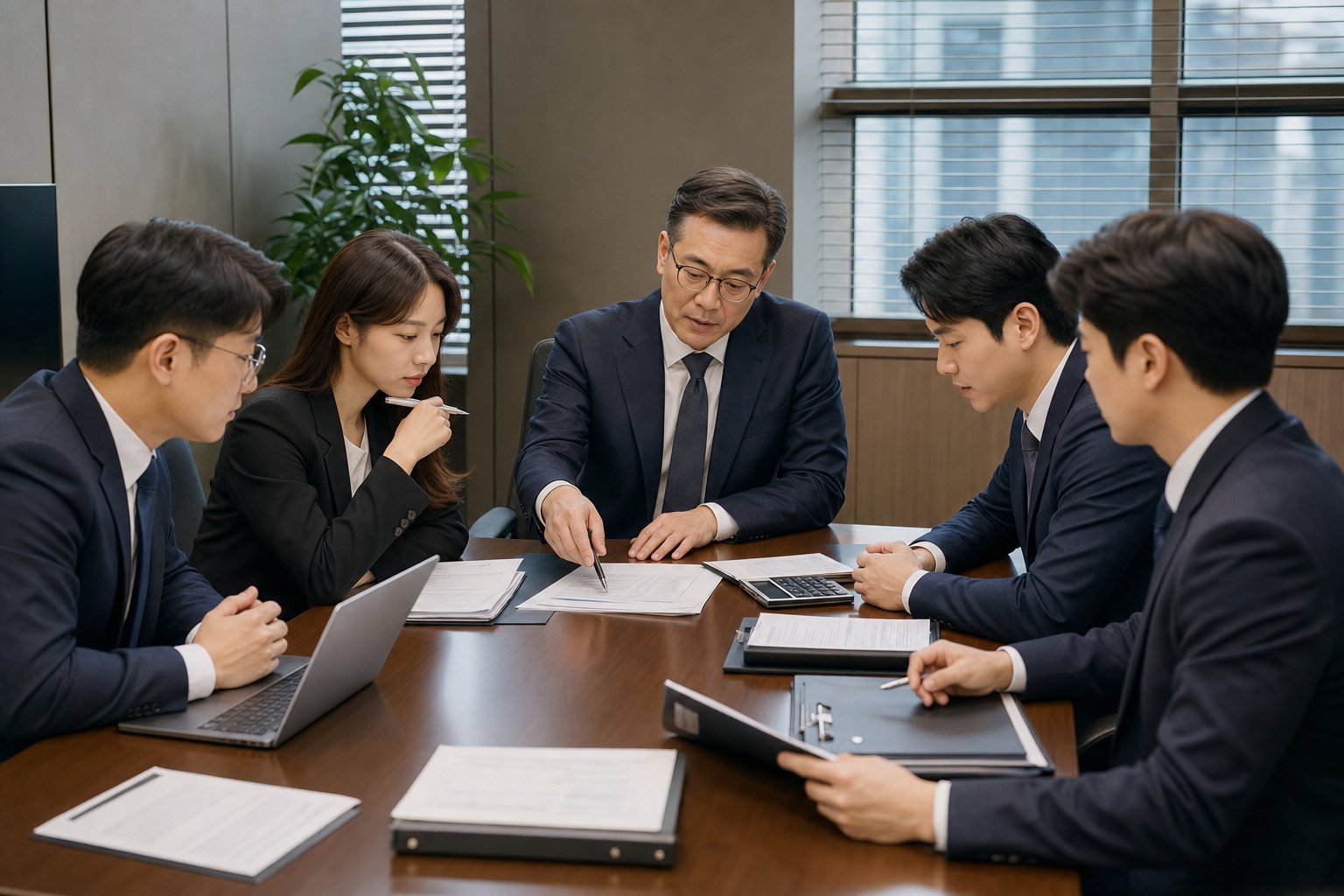 법인 세무 컨설팅을 위해 회의실에서 전문가들이 세무 자료를 검토하는 모습 법인차 연두색 번호판
