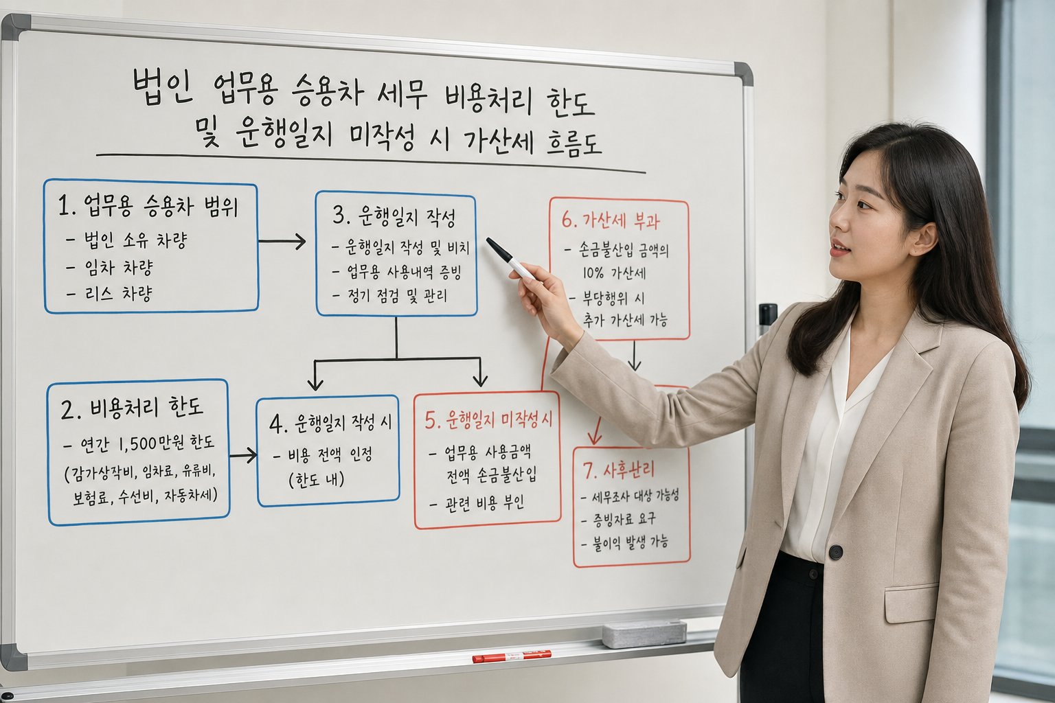 법인 업무용 승용차 세무 비용처리 한도 및 운행일지 미작성 시 가산세 흐름도