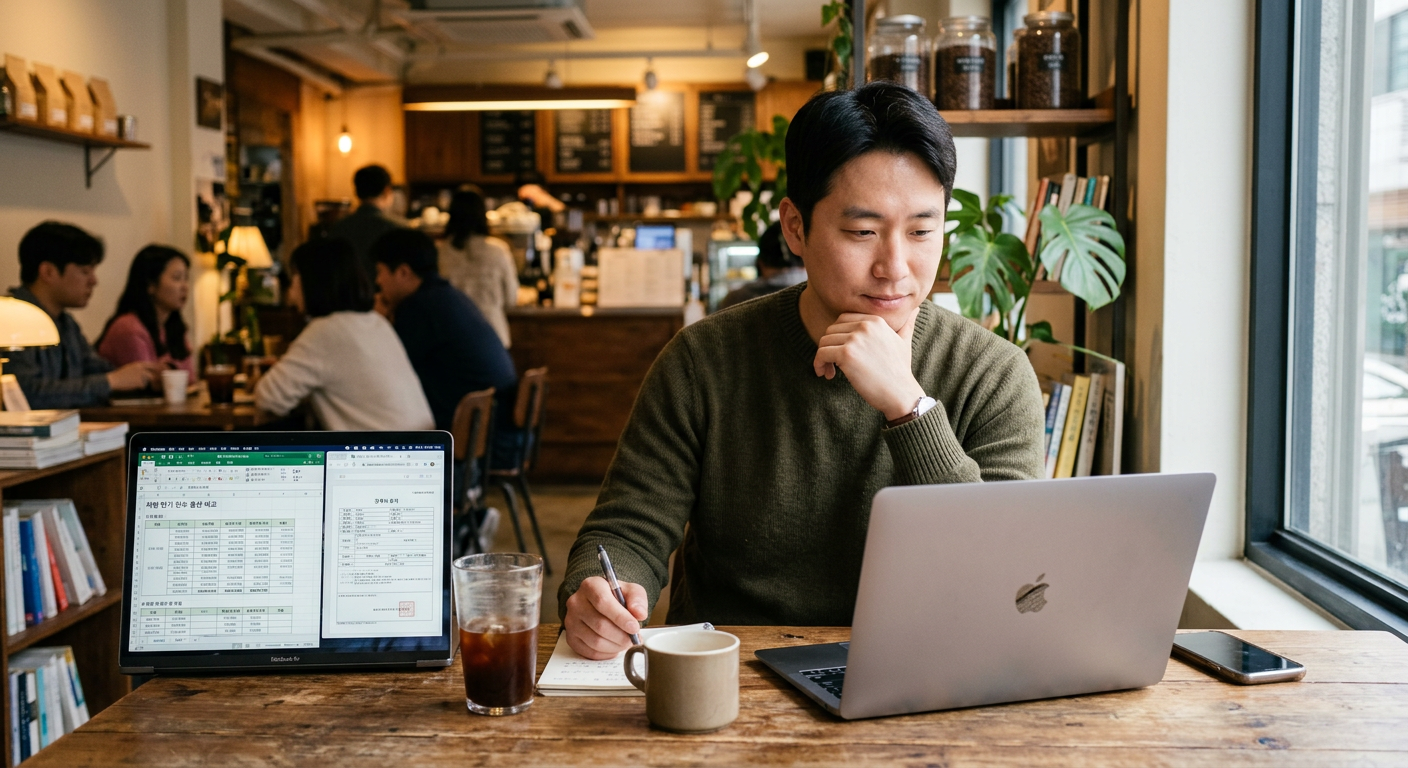 카페에서 편안한 표정으로 노트북 화면의 견적서와 차량 만기 인수 옵션을 비교 분석하고 있는 30대 직장인