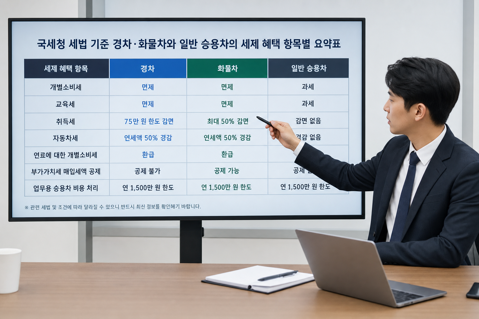 국세청 세법 기준 경차·화물차와 일반 승용차의 세제 혜택 항목별 요약표