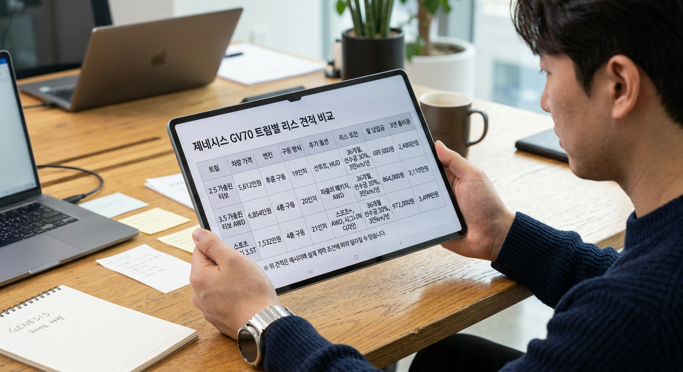 태블릿 PC화면 위에서 구현된 제네시스 GV70의 트림별 상세 리스 견적 비교표
