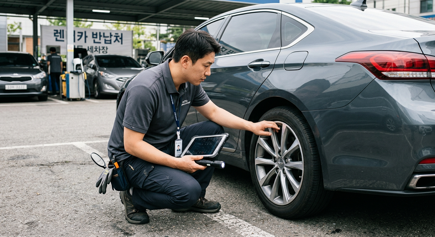 차량 반납 전 외부 도장면과 휠 상태를 꼼꼼하게 점검하는 전문 평가사의 모습