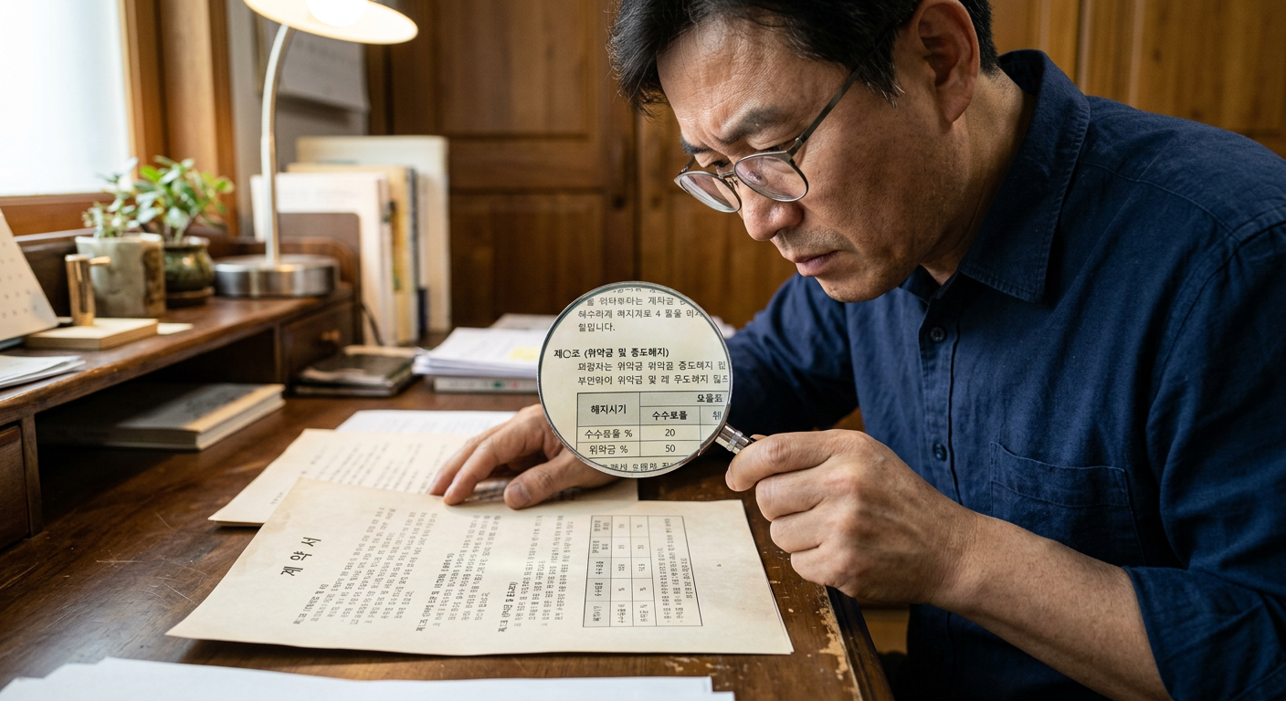 계약서의 위약금 조항 및 중도 해지 수수료 요율표 부분을 돋보기로 꼼꼼하게 들여다보는 그래픽