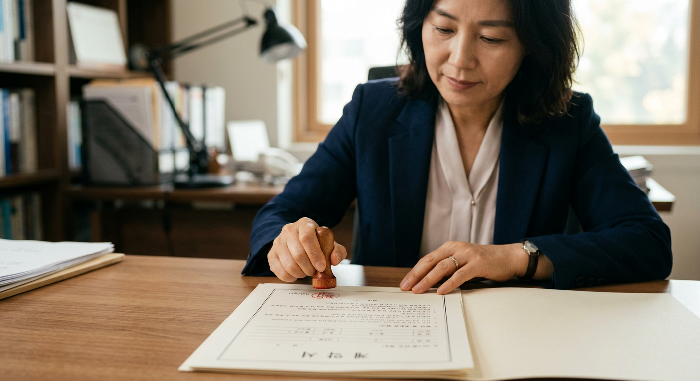 계약서 서류 위에 도장을 찍거나 사인을 하는 클로즈업 사진, 신뢰감 있고 차분한 분위기