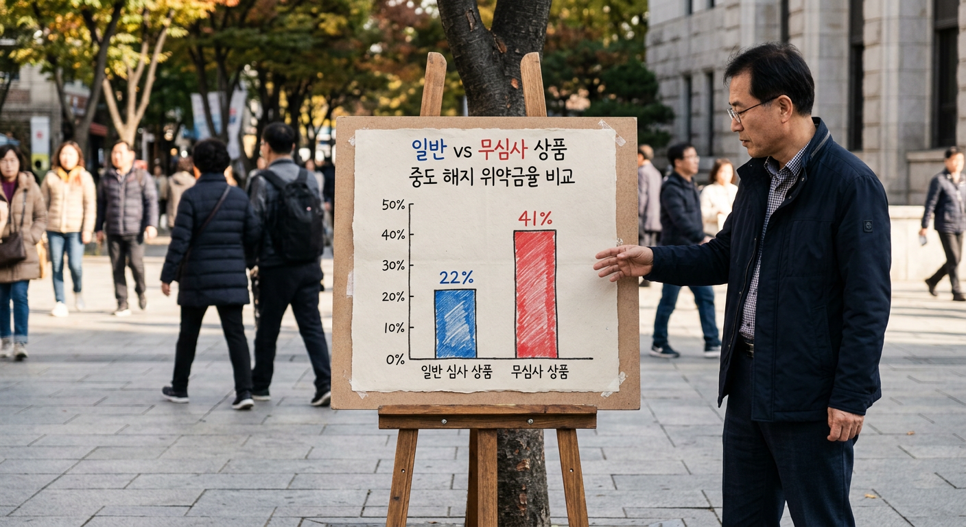 일반 심사 상품 대비 무심사 상품의 중도 해지 위약금율 비교 막대 그래프