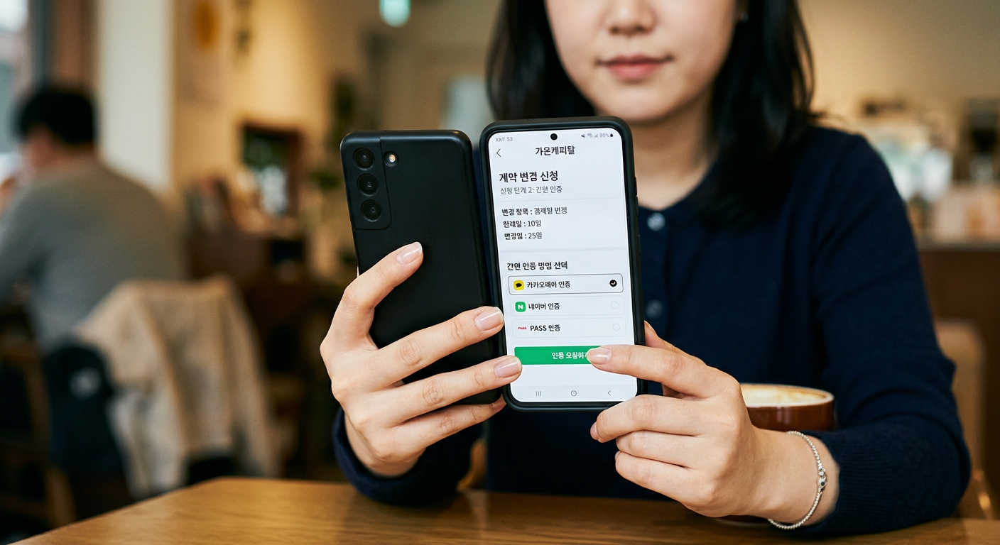 스마트폰 화면에 캐피탈사의 계약 변경 모바일 앱 신청 화면과 간편 인증 단계가 한눈에 보이도록 연출된 클로즈업 샷
