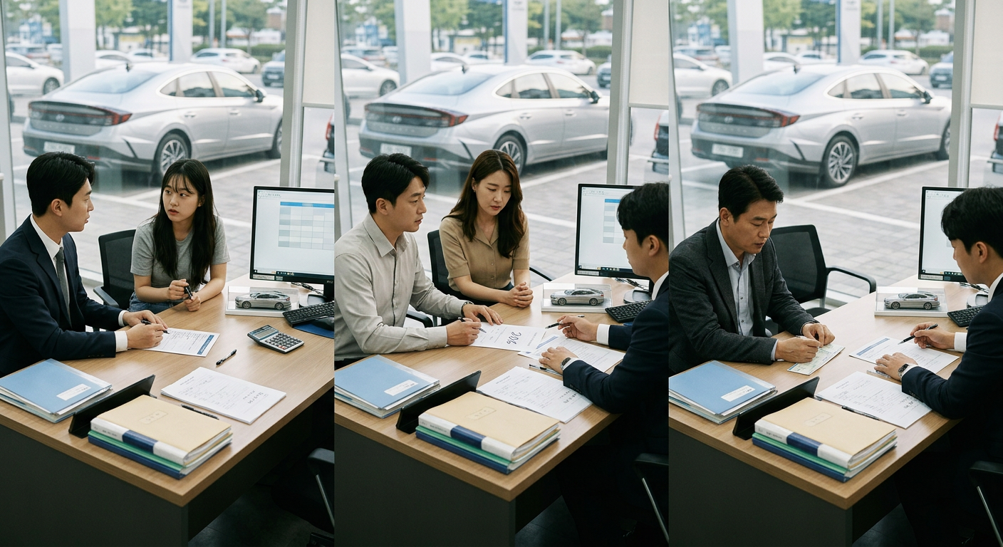 동일 차량 기준 무보증, 보증금 30%, 선납금 30% 설정 시 월 납입금 및 만기 반환금 비교 차트 2025 신차 장기렌트