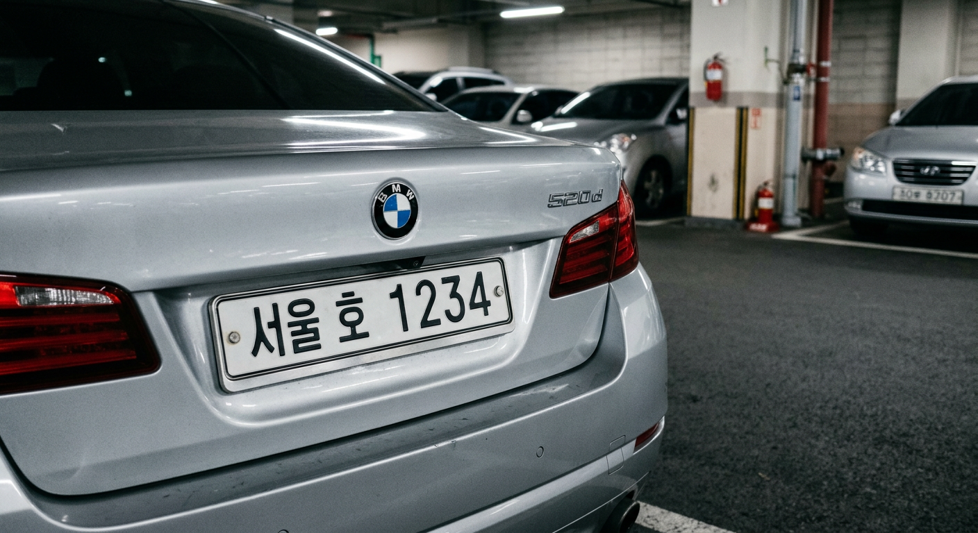임대 차량 번호판(하, 허, 호)이 부착된 수입차의 후면부 트렁크 및 엠블럼 클로즈업