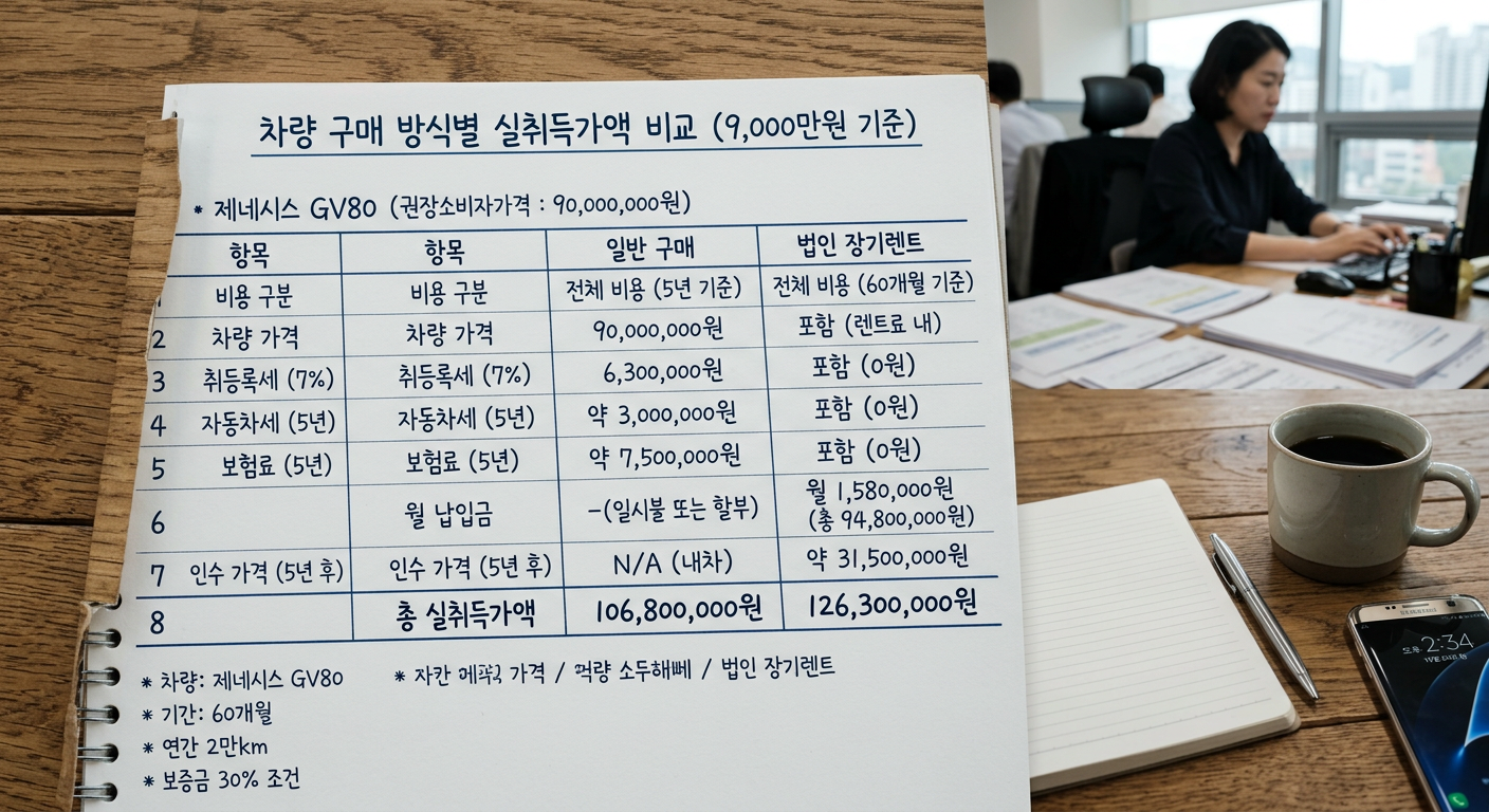 권장소비자가격 9000만원 차량의 일반 구매 vs 법인 장기렌트 실취득가액 산정 비교표