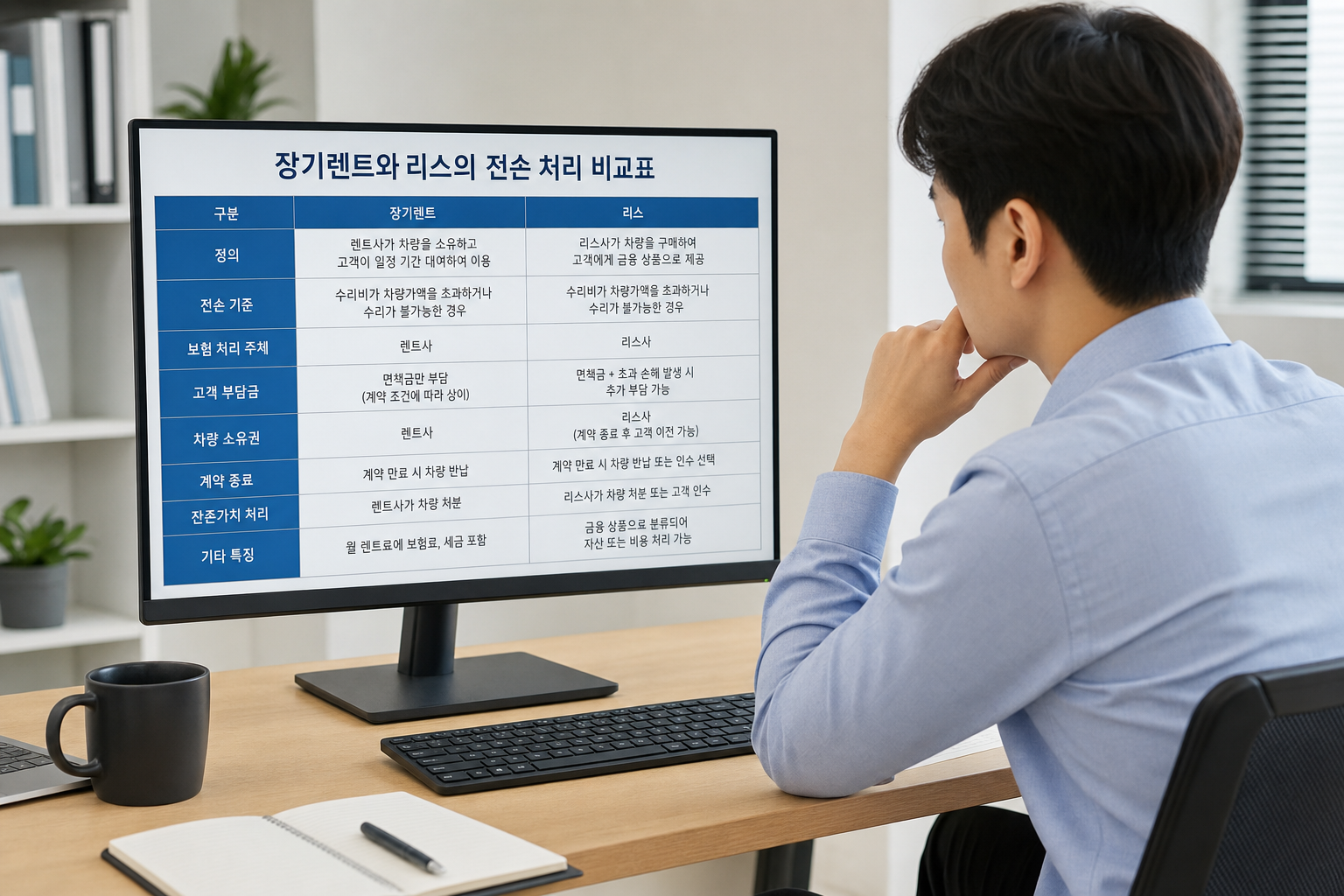 깔끔하게 정리된 장기렌트와 리스의 전손 처리 비교표를 모니터 화면에 띄워두고 분석하는 모습