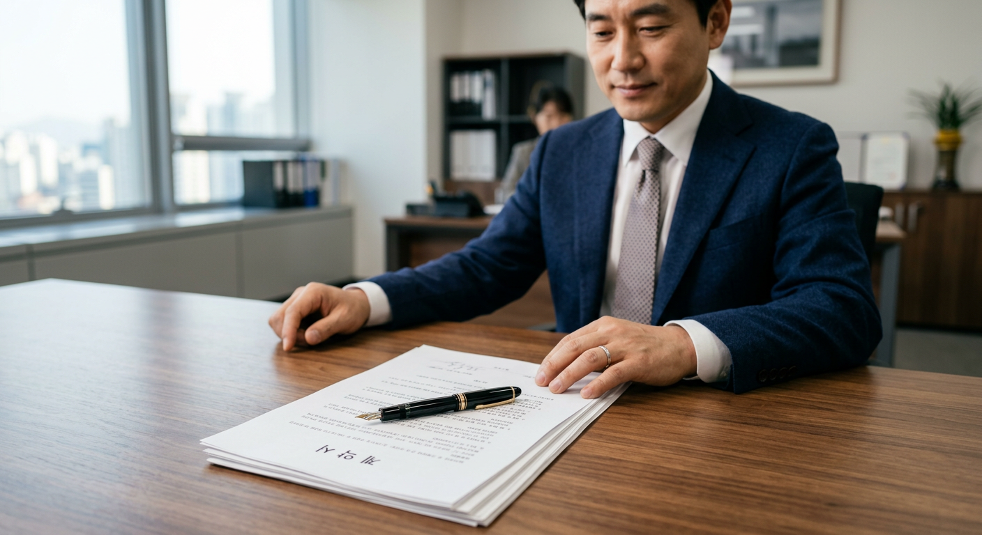계약서 서류 위에 만년필이 놓여 있어 신뢰감을 주는 비즈니스 연출 컷 수입차 장기렌트 견적