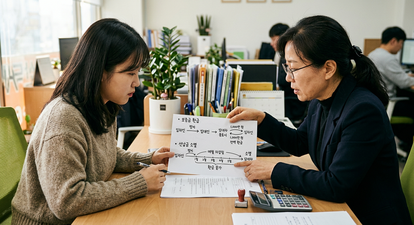계약서 문서 위 보증금 환급 개념과 선납금 소멸 개념을 도식화한 그래픽