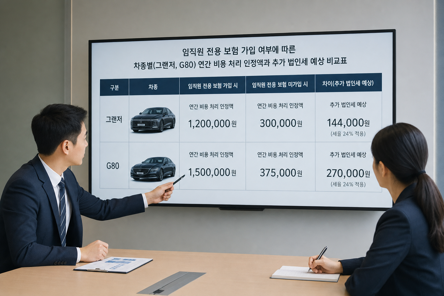 임직원 전용 보험 가입 여부에 따른 차종별(그랜저, G80) 연간 비용 처리 인정액과 추가 법인세 예상 비교표 법인 장기렌트 임직원 보험