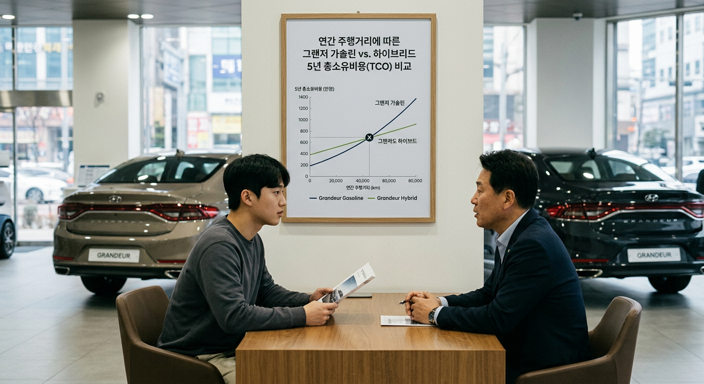 연간 주행거리에 따른 그랜저 가솔린과 하이브리드의 5년 총소유비용(TCO) 역전 지점 비교 도표