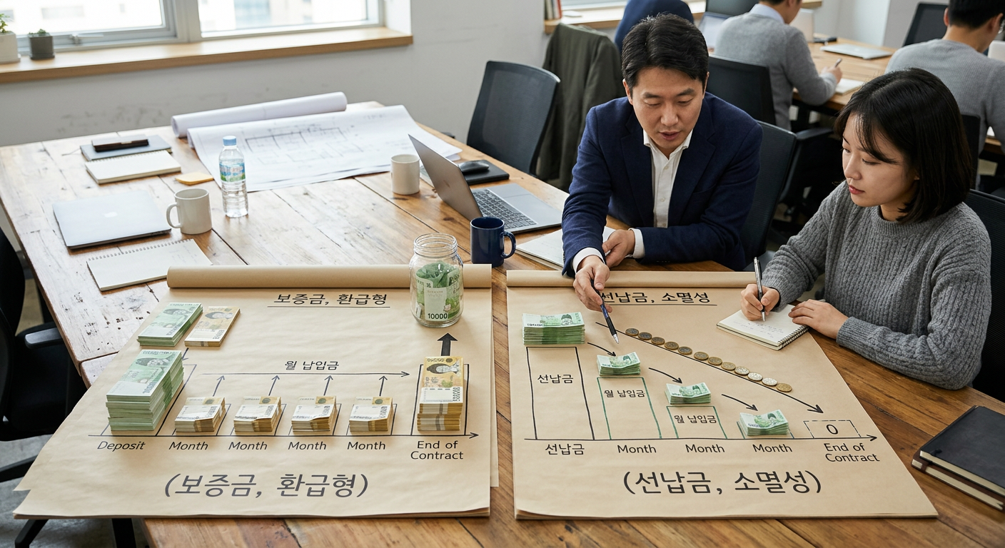 계약 조건 설계 시 보증금(환급형)과 선납금(소멸성)의 월 납입금 체계 차이를 보여주는 비교 인포그래픽