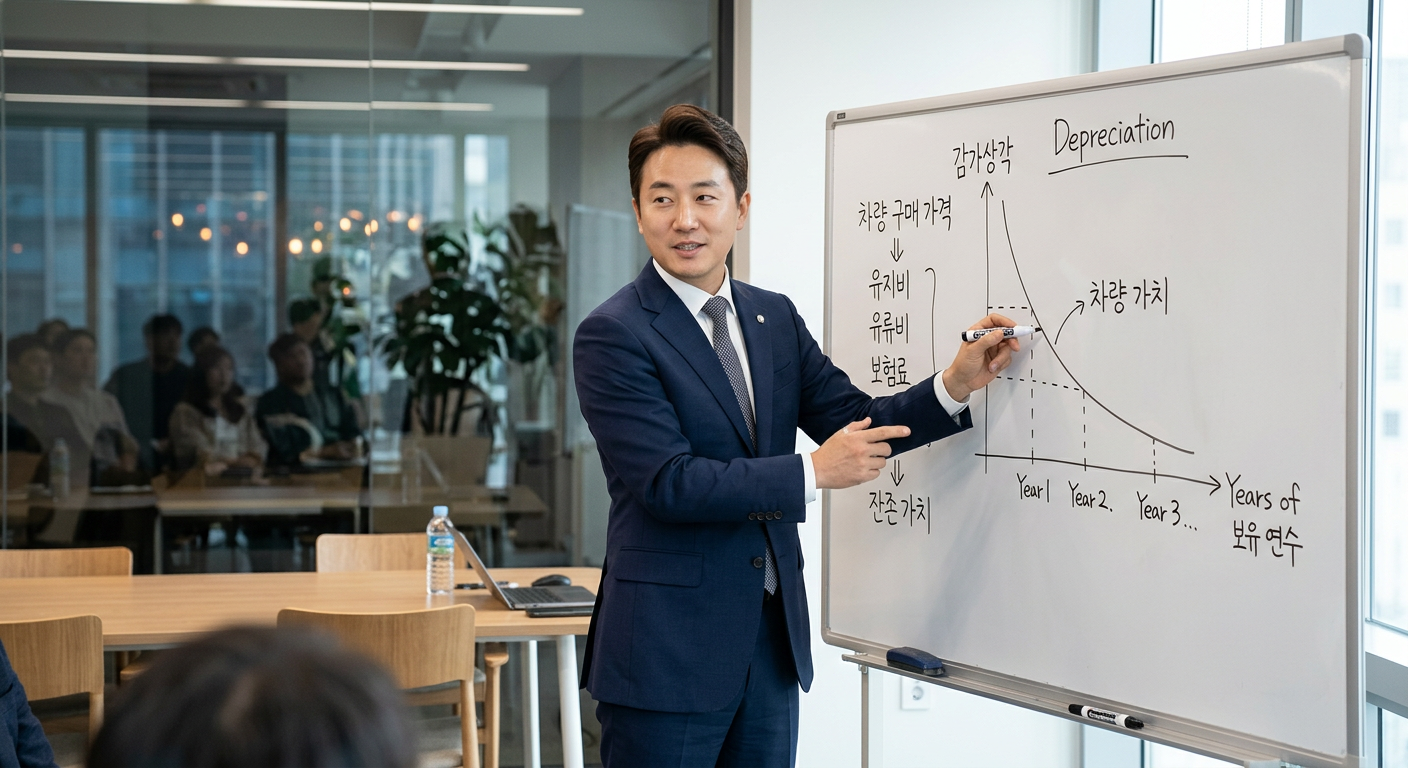 깔끔한 정장 차림의 자동차 자산 분석 전문가가 화이트보드에 감가상각 그래프를 그려가며 차량 소유 비용을 설명하는 모습