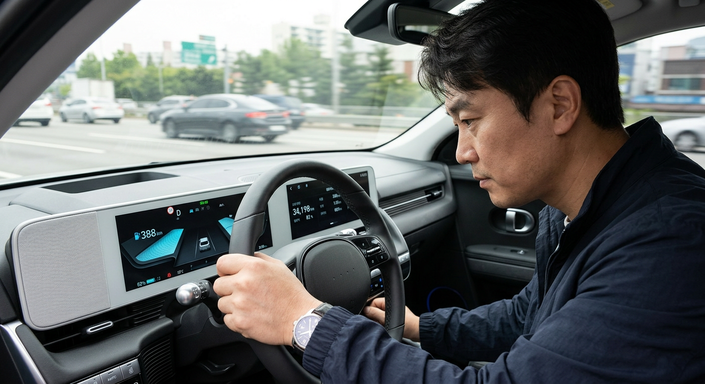 차량의 현재 주행거리가 표시된 디지털 계기판 화면을 확인하는 운전자의 시선