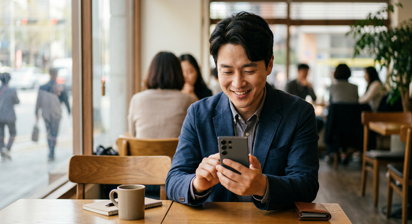 30대 직장인 남성이 스마트폰으로 신차 장기렌트 견적 비교 서비스를 살펴보며 미소 짓는 모습