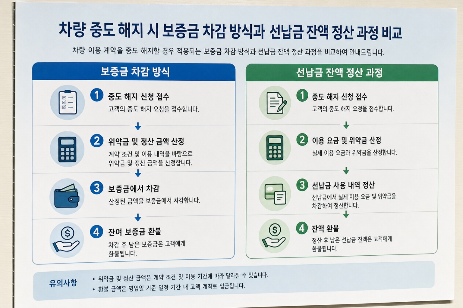 차량 중도 해지 시 보증금 차감 방식과 선납금 잔액 정산 과정을 비교한 안내 도식