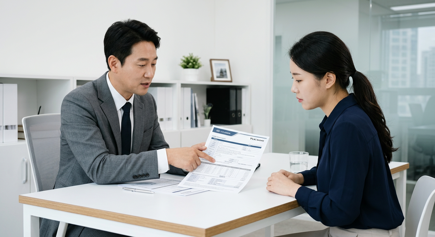 깔끔한 화이트 톤의 사무실에서 차량 전문가가 투싼 장기렌트 견적서를 짚어가며 꼼꼼하게 설명해 주는 장면