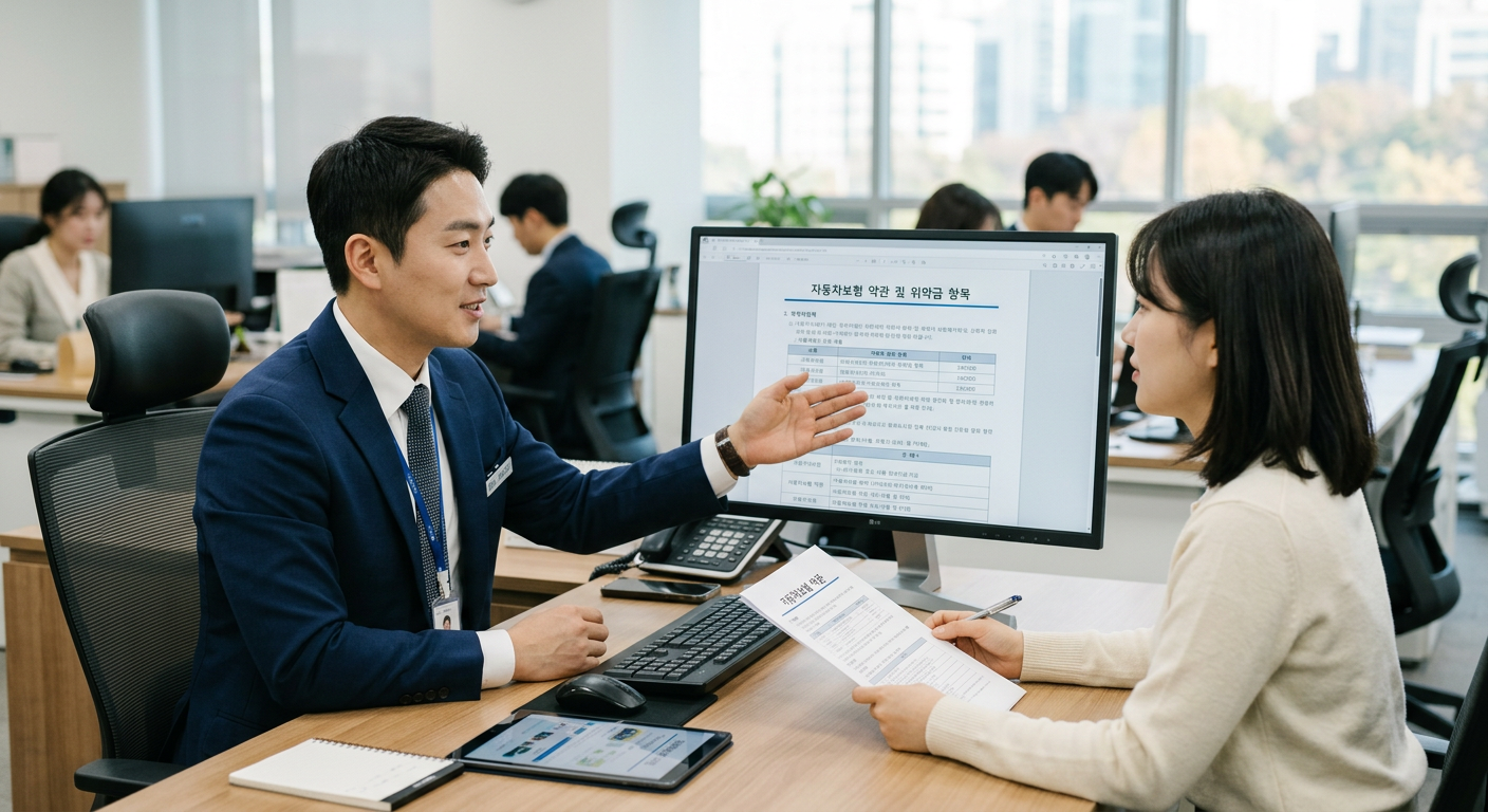 깔끔한 정장 차림의 상담원이 모니터를 보며 고객에게 자동차 보험 약관 및 위약금 항목을 설명하는 모습