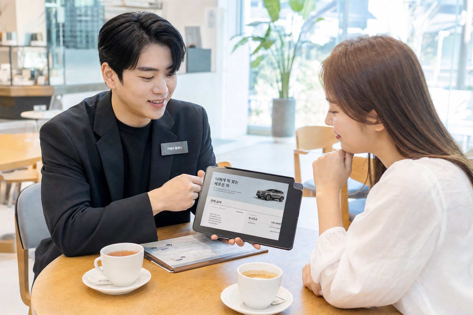 화사한 카페에서 카베이 플래너와 고객이 태블릿 PC로 차나와 앱 견적을 함께 살펴보는 모습