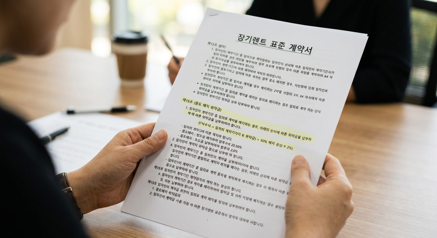 장기렌트 표준 계약서 서류 중 중도 해지 위약금 조항이 강조된 클로즈업 사진