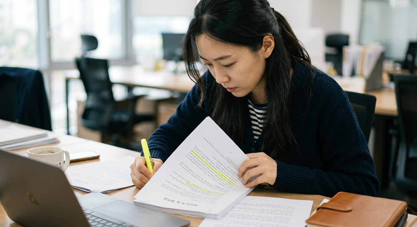 계약서의 중도해지 위약금 약관 부분을 꼼꼼하게 형광펜으로 밑줄 치며 확인하는 모습