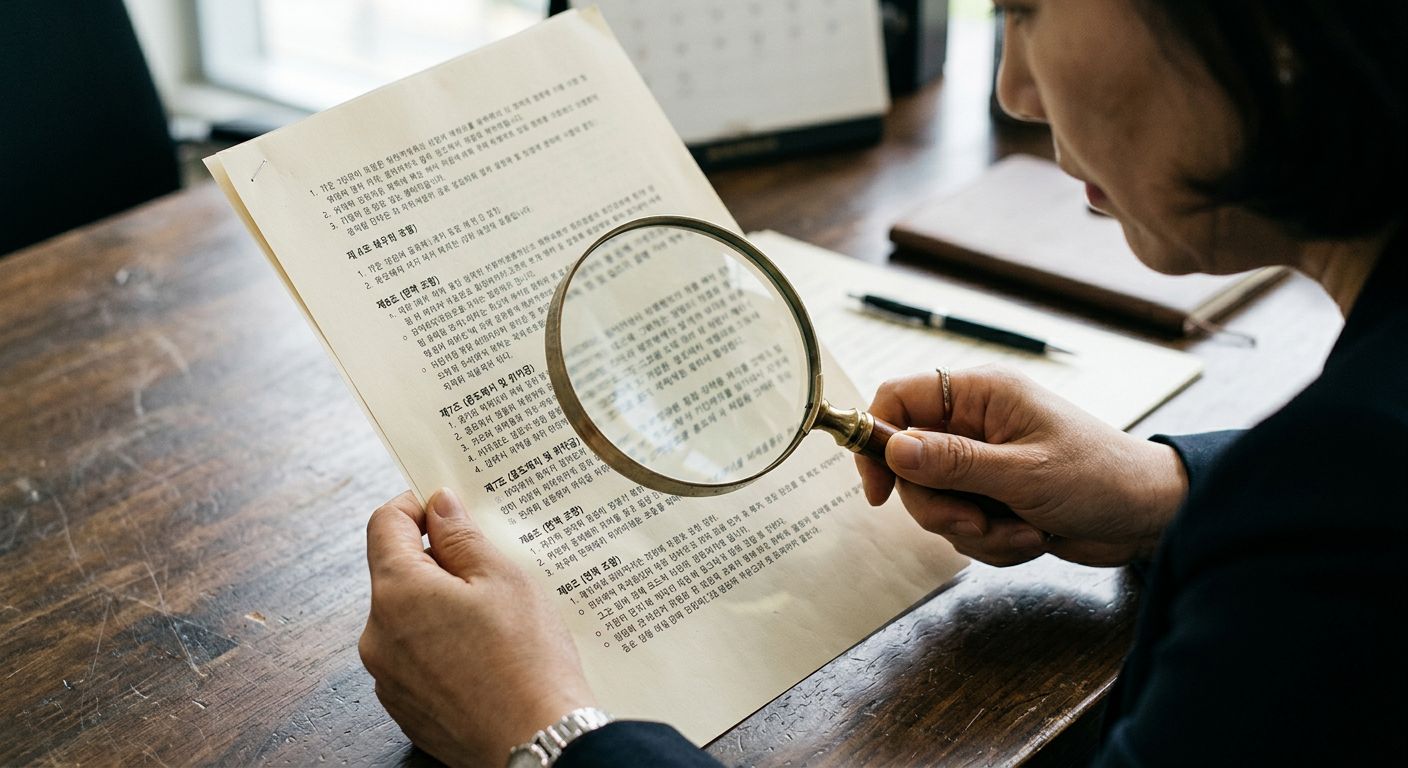 장기 계약서 약관의 중도해지 위약금 및 면책 조항 부분을 돋보기로 확대해 보여주는 정밀 그래픽