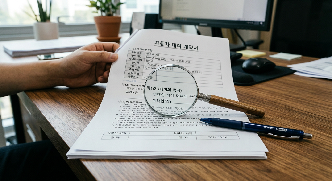 책상 위에 놓인 자동차 대여 계약서 서류 위에 돋보기와 볼펜이 올려져 있는 모습 장기렌트 만기 인수