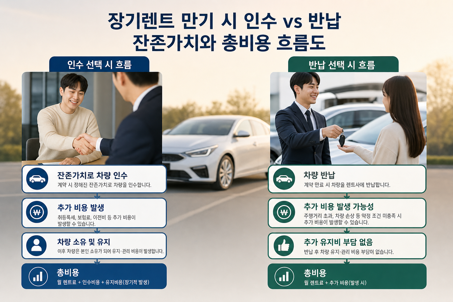 장기렌트 만기 시 인수 vs 반납에 따른 잔존가치와 총비용 흐름도