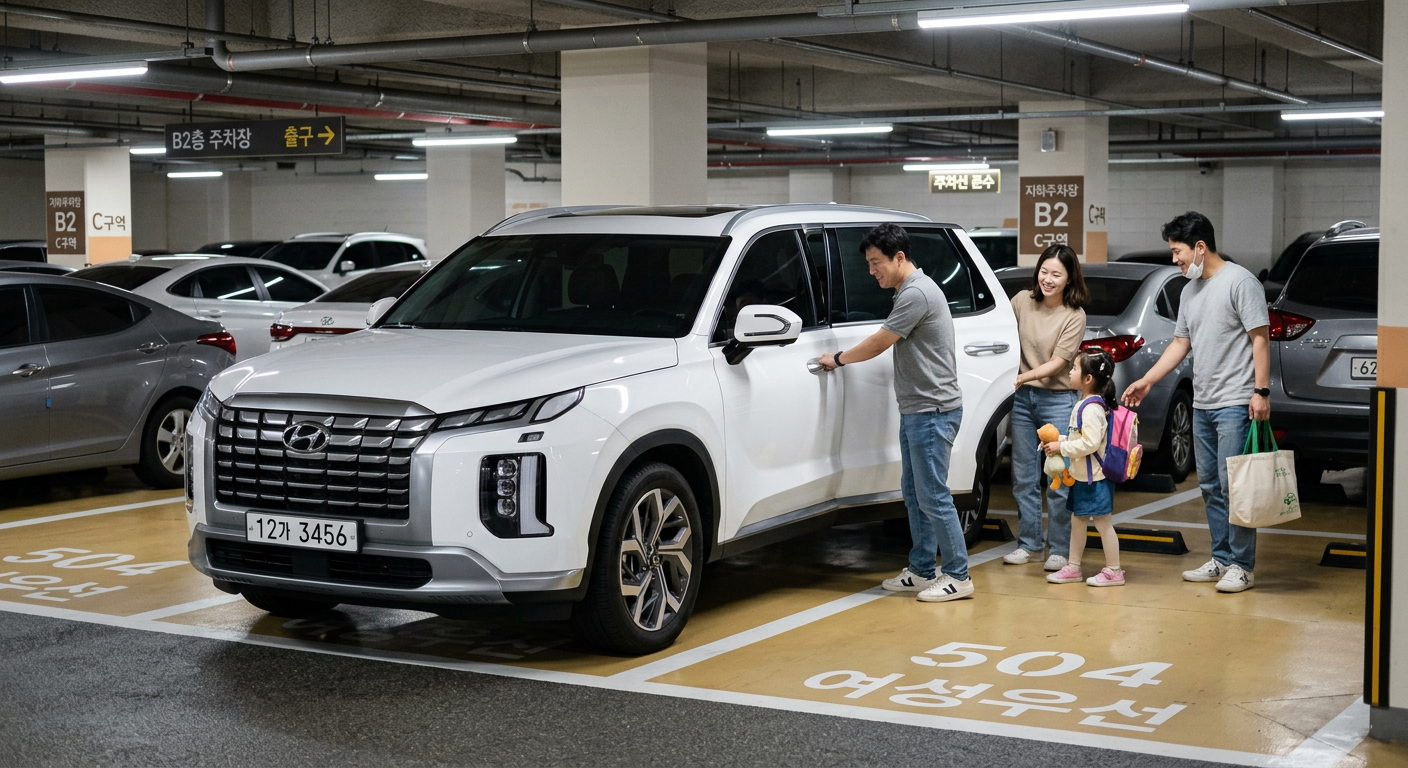 패밀리카 목적으로 주차장에 세워진 깔끔한 화이트 바디의 신형 대형 SUV 차량 자동차리스 DSR 한도