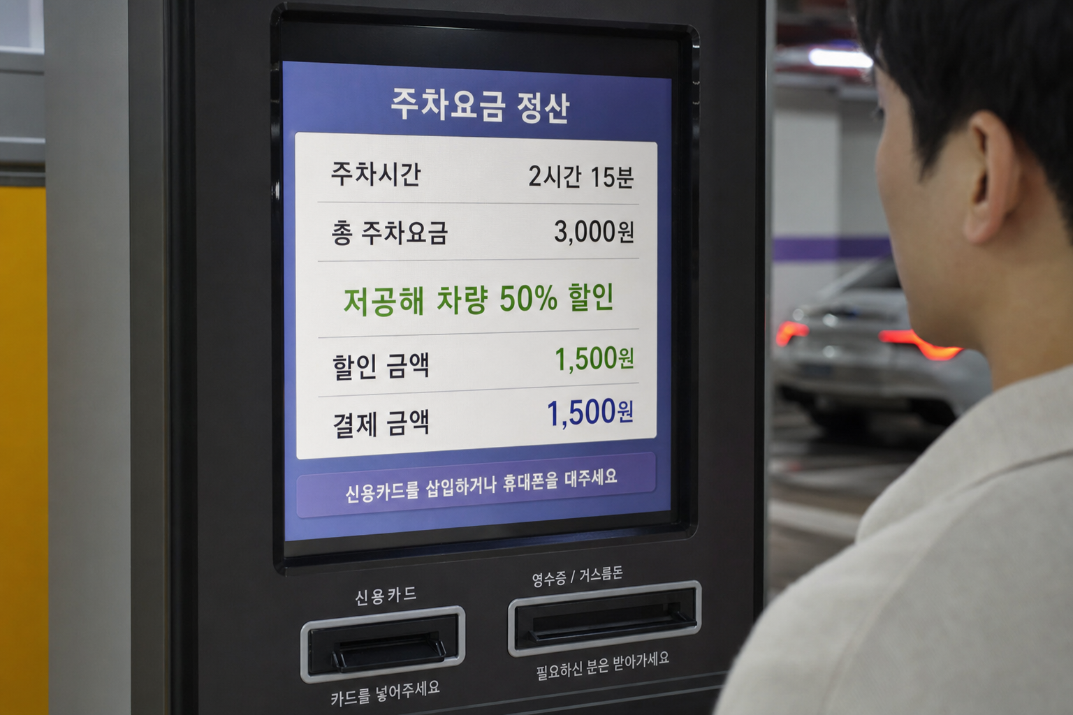 공영주차장 정산기 화면에 '저공해 차량 50% 할인' 문구와 할인된 주차 요금이 표시되는 장면