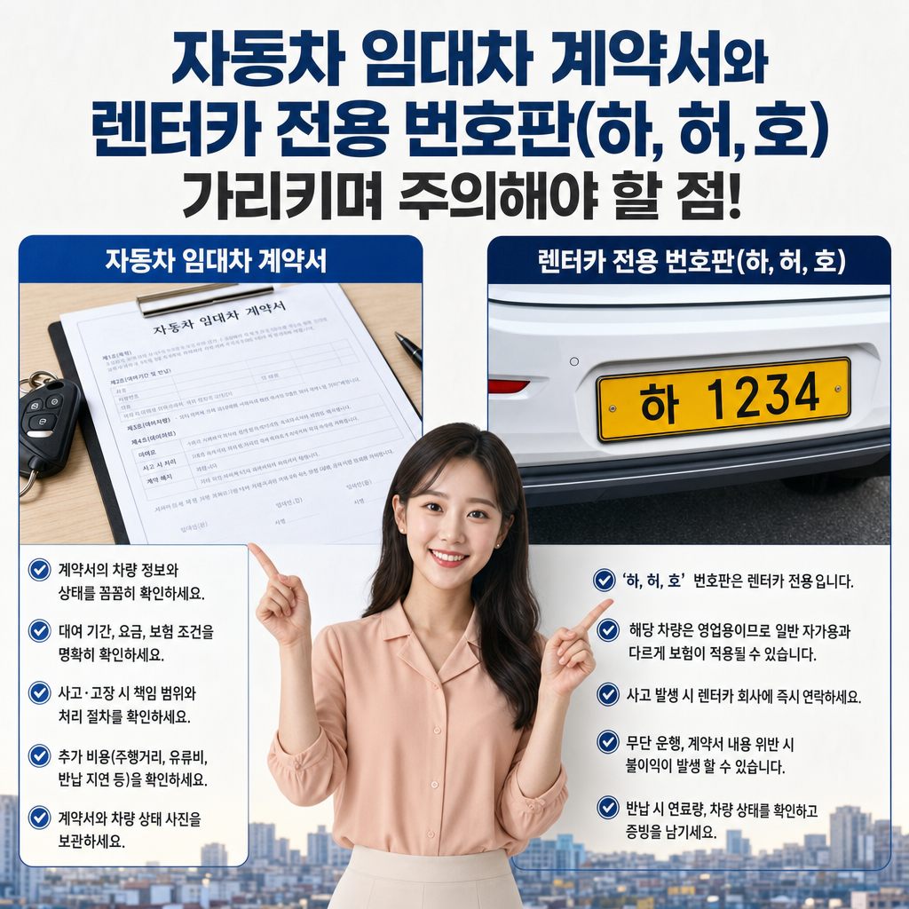 자동차 임대차 계약서와 렌터카 전용 번호판(하, 허, 호)을 가리키며 주의해야 할 점을 설명하는 인포그래픽