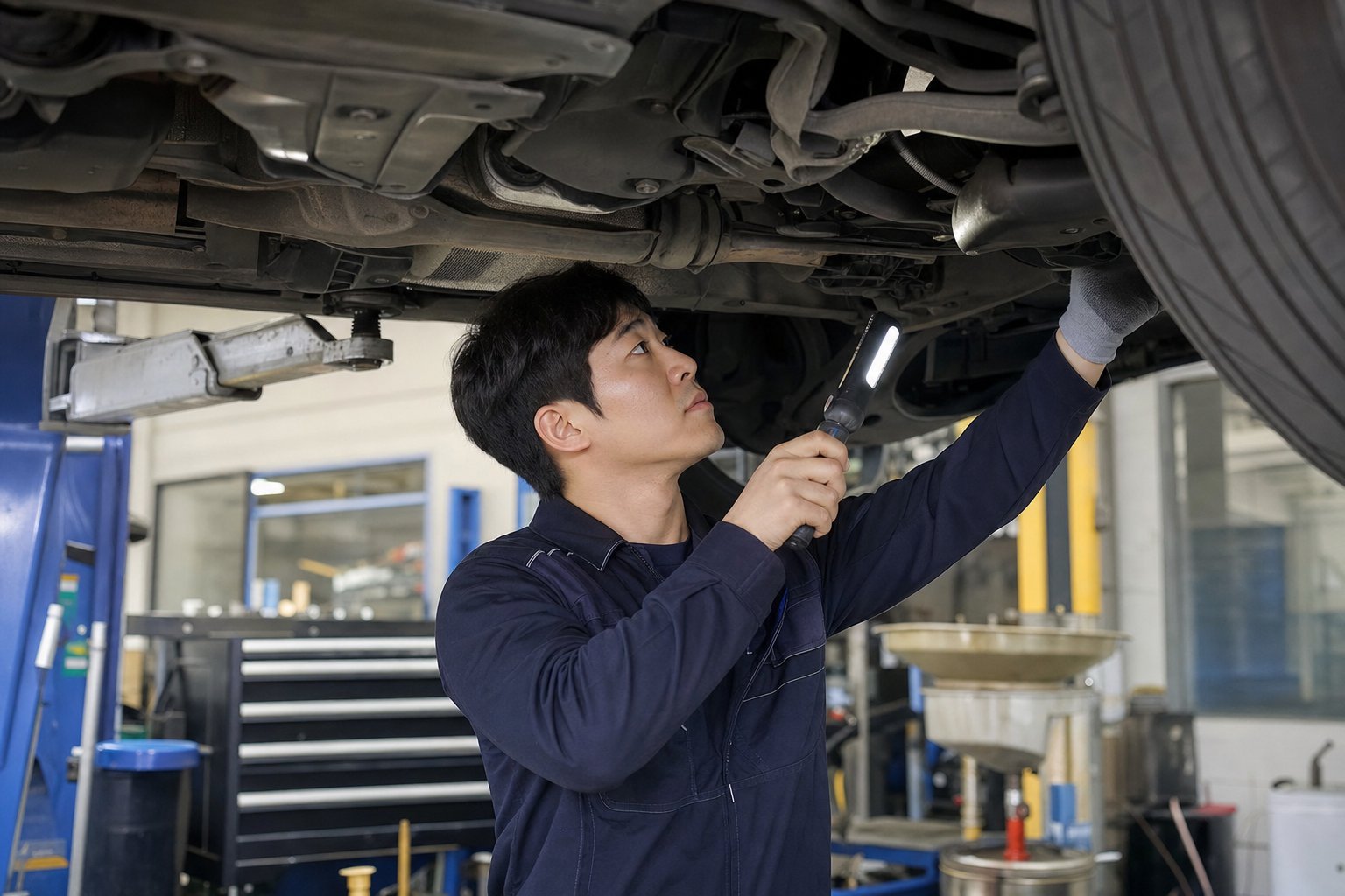 정비소 내부에서 리프트에 올려진 차량을 꼼꼼하게 점검하고 있는 정비사의 모습