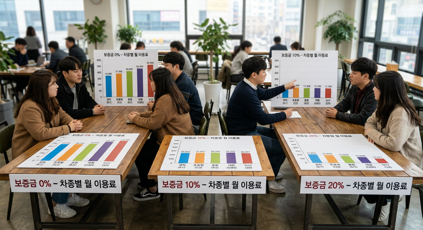 보증금 납입 비율(0%, 10%, 20%)에 따른 차종별 월 이용료 하락 폭 비교 그래프