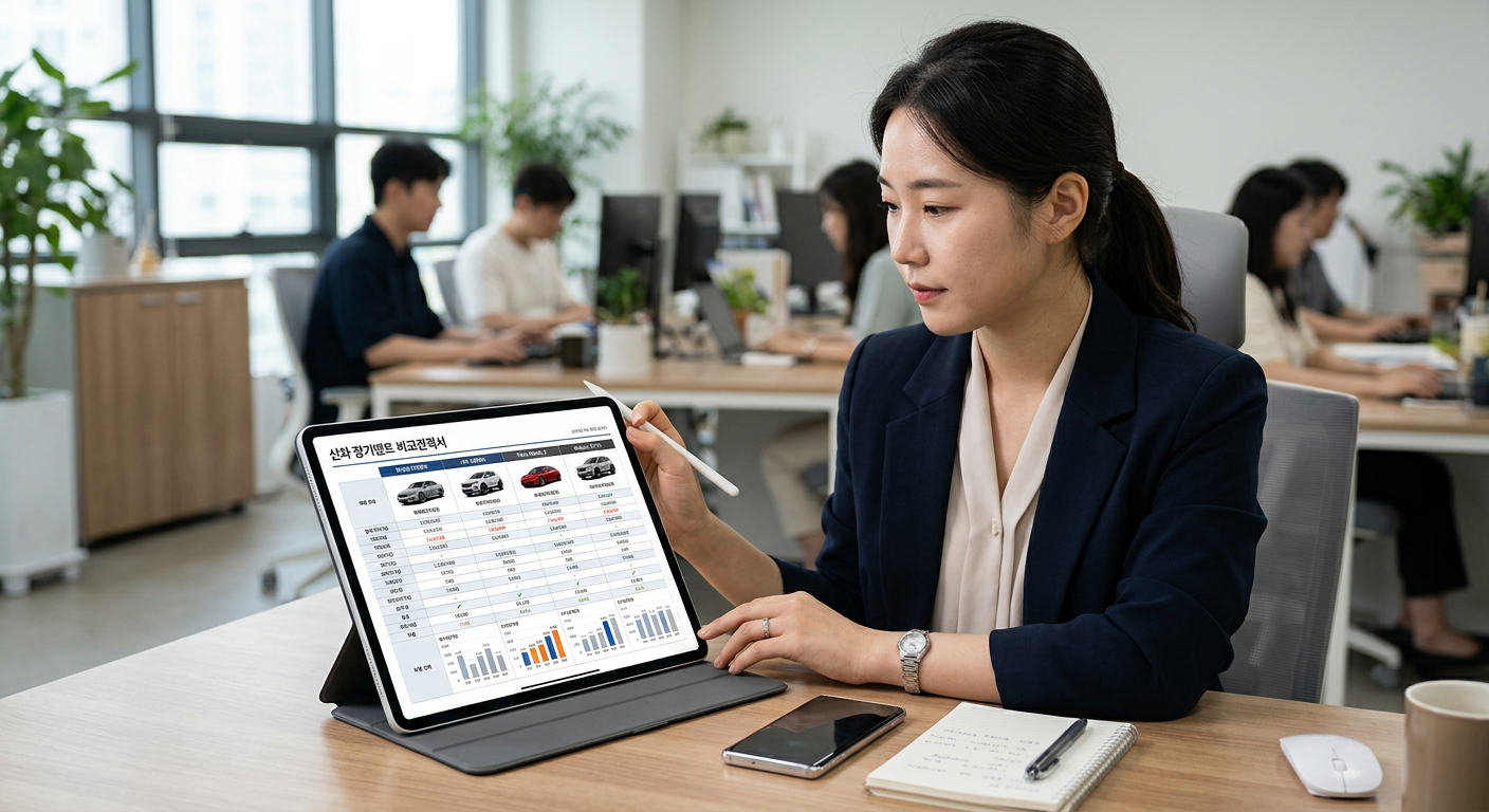 세련된 디자인의 신차 장기렌트 비교견적서가 태블릿 PC 화면에 상세하게 떠 있는 모습 아이오닉 5 장기렌트
