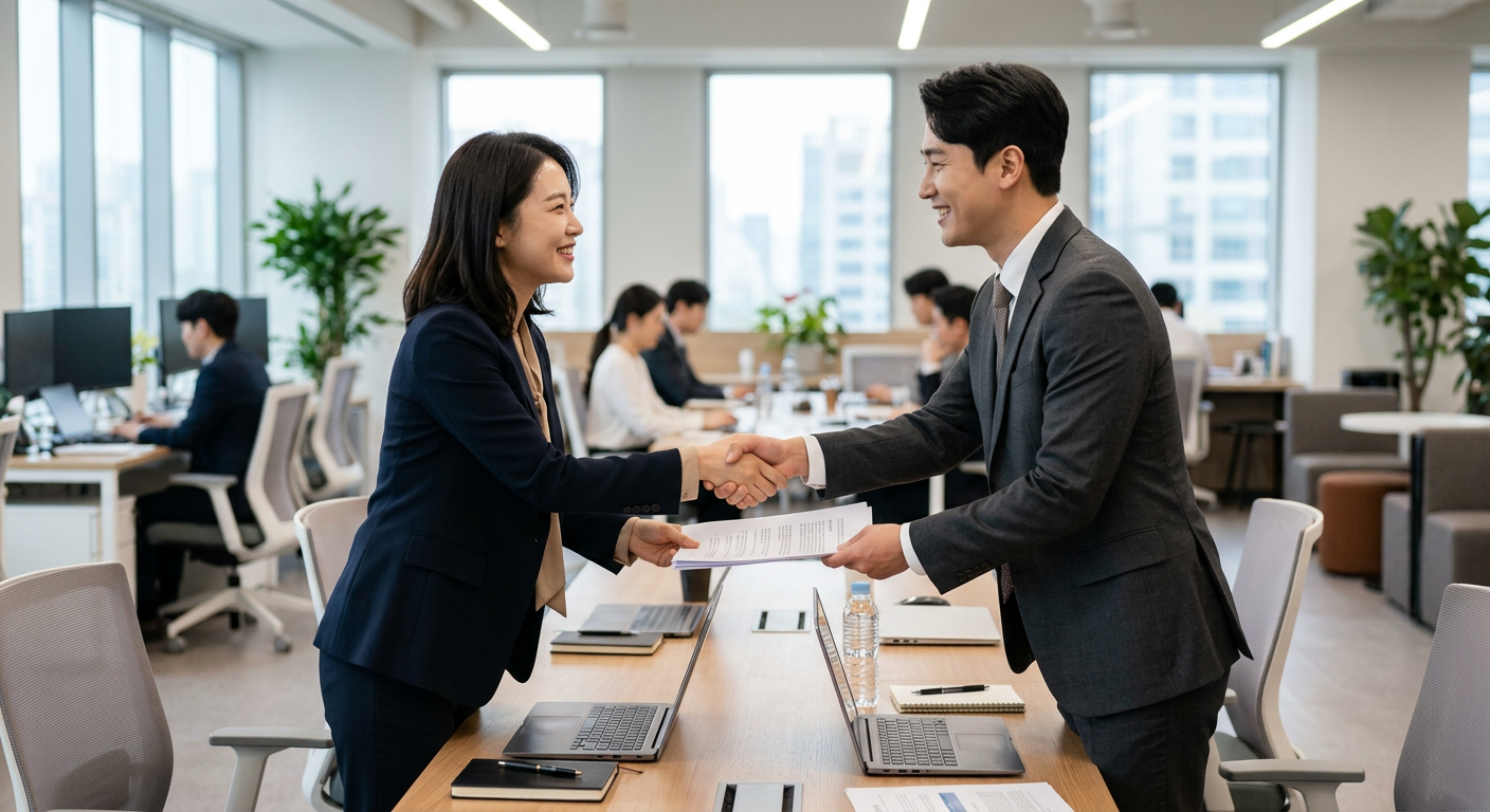 두 명의 직장인이 밝은 표정으로 서류를 교환하며 악수하는 비즈니스 미팅 장면