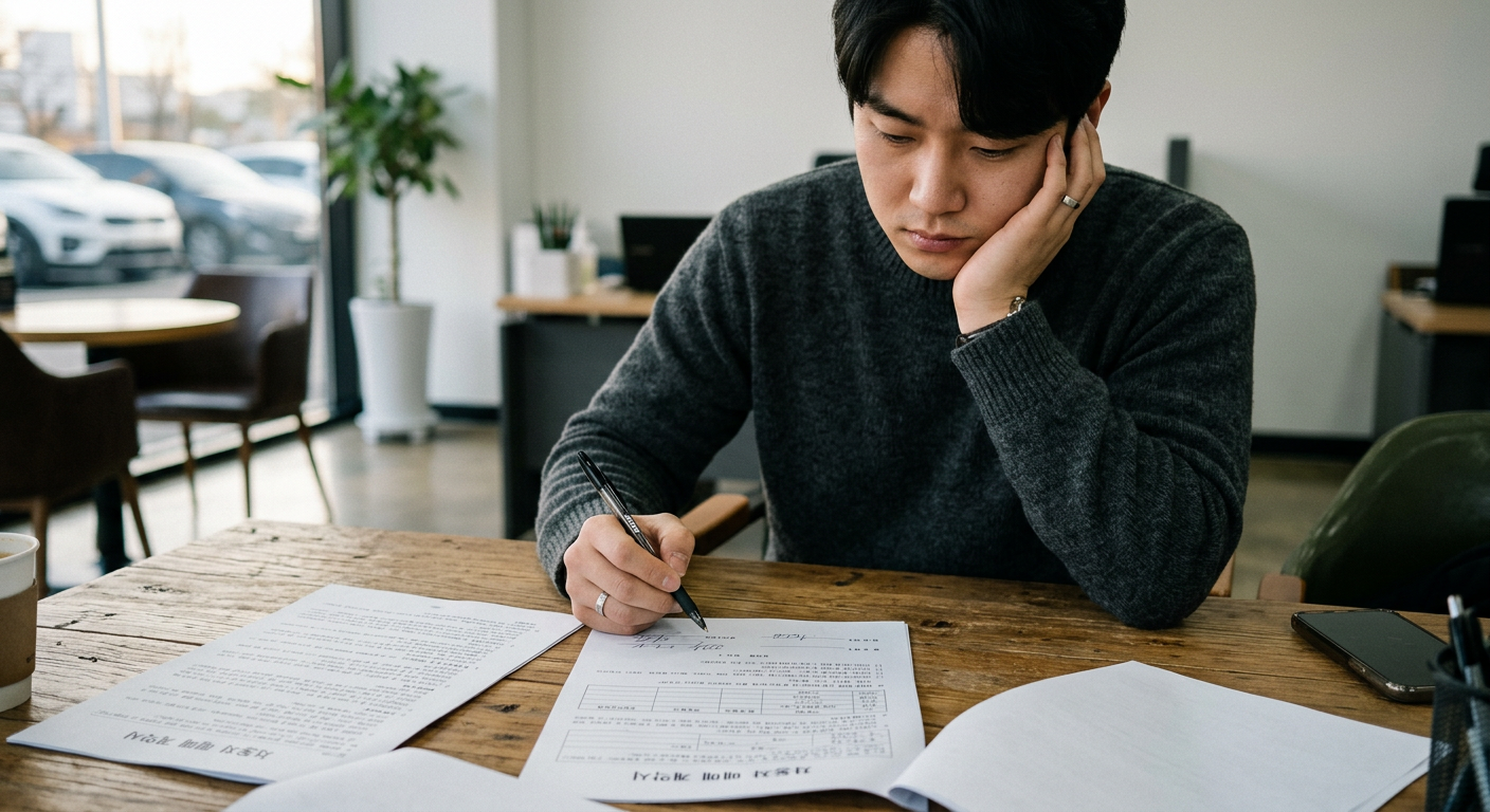 자동차 계약서 위에서 볼펜을 쥐고 고민하는 운전자의 신중한 모습