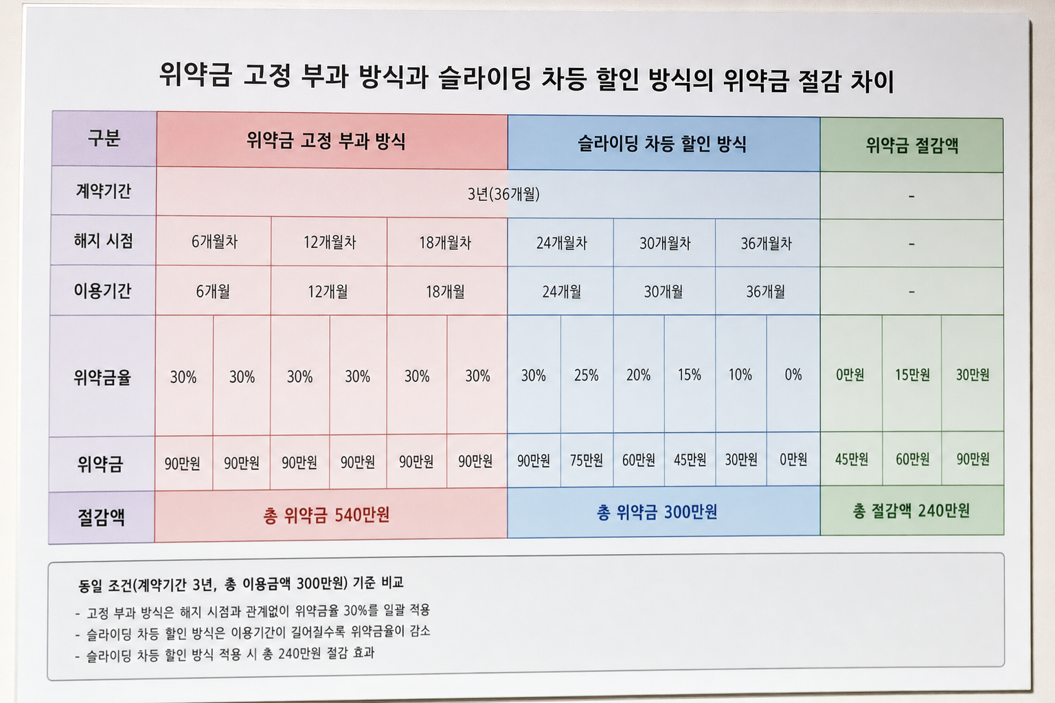 위약금 고정 부과 방식과 슬라이딩 차등 할인 방식의 위약금 절감 차이 도표