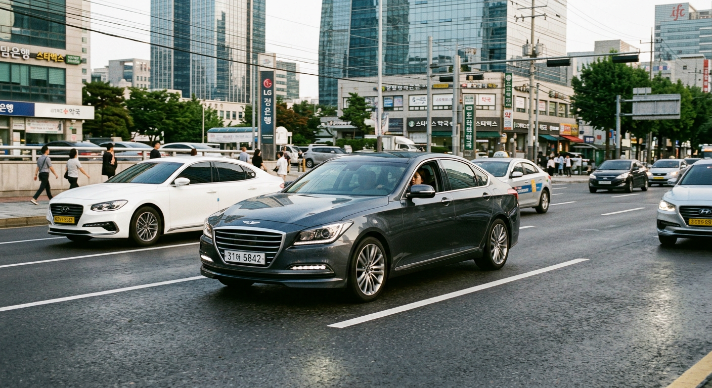 '하', '호' 번호판이 선명하게 보이는 세련된 세단 차량이 도심 도로를 주행하는 장면 장기렌트 건강보험료
