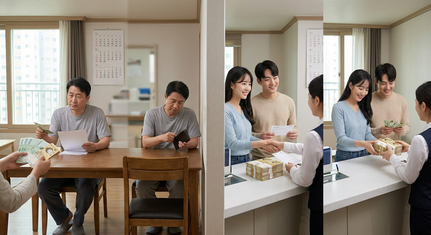 선납금 선택 시 소멸 자산 흐름 vs 보증금 선택 시 만기 반환 자산 흐름의 직관적 비교 도식