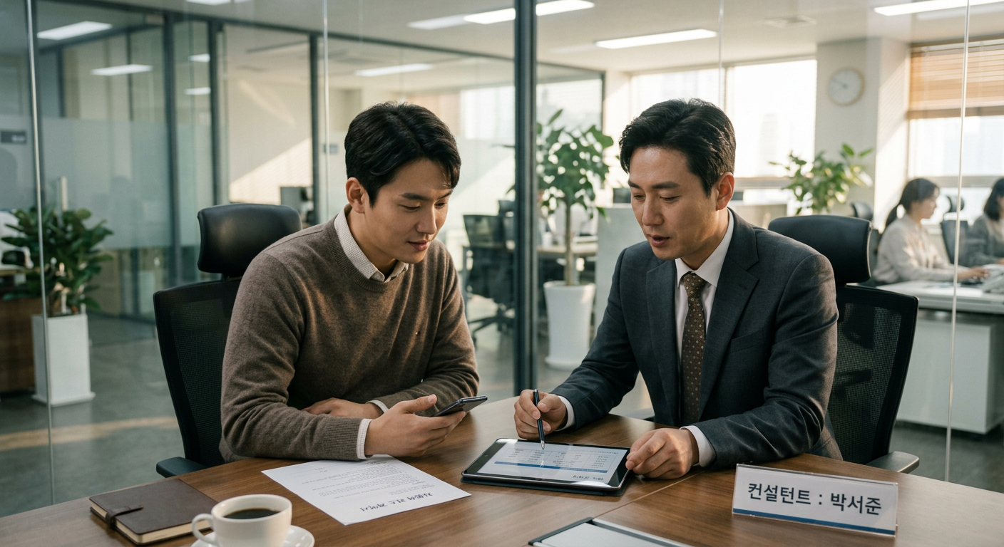 현대적인 사무실에서 전문 컨설턴트와 고객이 마주 앉아 자동차리스 조건에 대해 태블릿을 보며 조용히 대화하는 장면