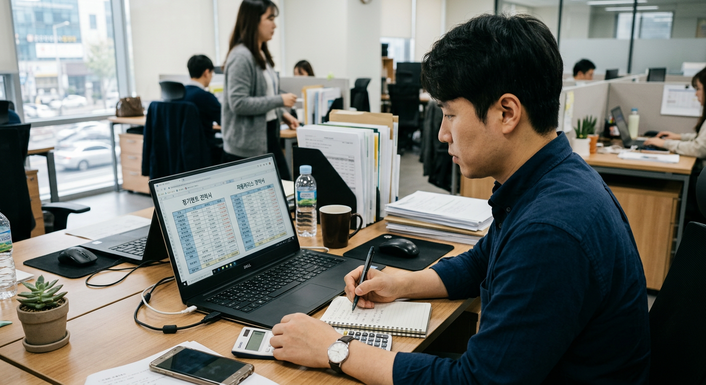 노트북 화면에 장기렌트와 자동차리스의 견적서를 띄워놓고 비교하는 사무실 책상 풍경